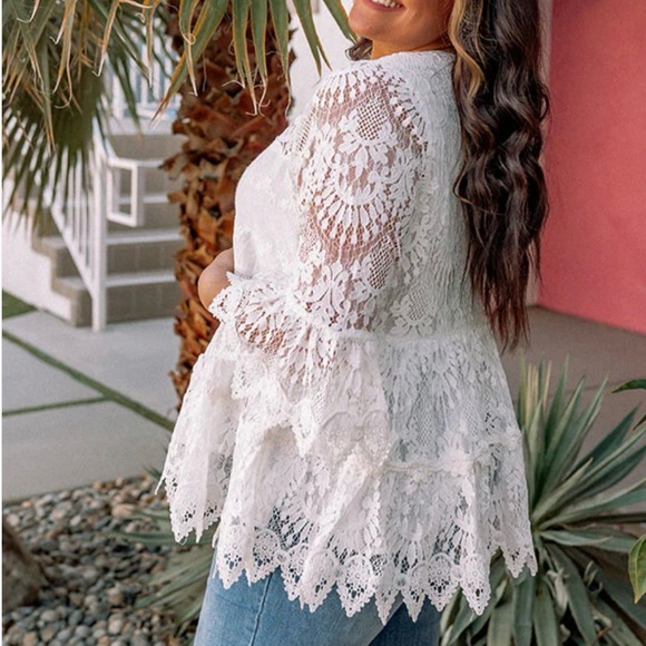 Impressions Lace Tiered Bohemian Cottagecore Babydoll White Top 2X Top - Picture 2 of 12